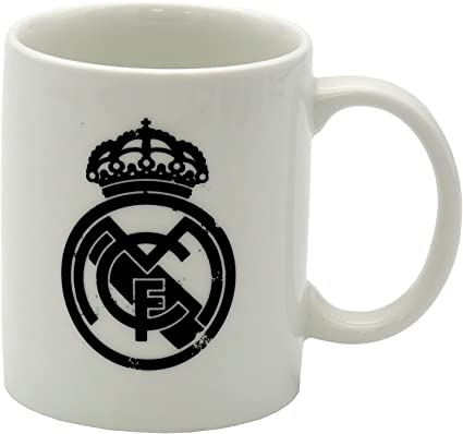 Taza Ceramica Blanca Real Madrid Escudo Negro Desgastado 300ml