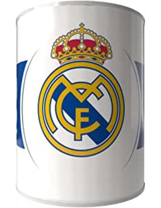 Hucha Cilindrica Sellada Metalica Real Madrid 10x12x10 cm.