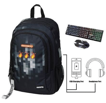 Mochila Unkeeper Gaming – Mochila Escolar y de Deporte, Teclado Gamer y Ratón incluidos, Puerto USB y Toma para Cascos, 3 Compartimentos (V)