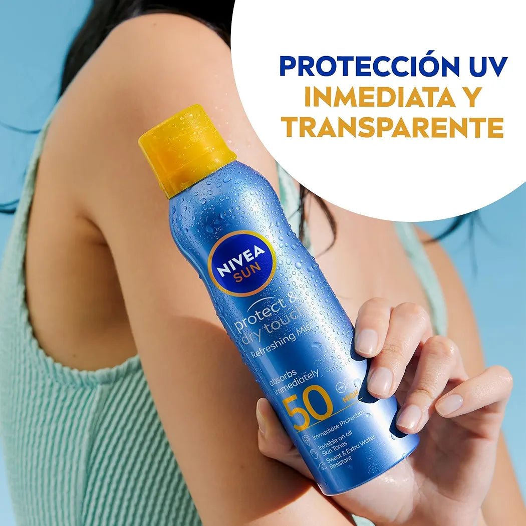 NIVEA SUN Protege & Refresca Spray Bruma Solar FP50 (1 x 200 ml), protector solar en spray transparente, bruma refrescante y resistente al agua
