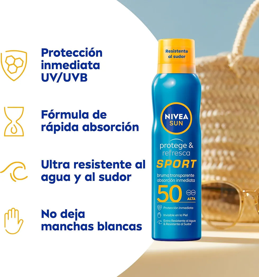 NIVEA SUN Protege & Refresca Spray Bruma Solar FP50 (1 x 200 ml), protector solar en spray transparente, bruma refrescante y resistente al agua
