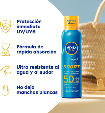 NIVEA SUN Protege & Refresca Spray Bruma Solar FP50 (1 x 200 ml), protector solar en spray transparente, bruma refrescante y resistente al agua