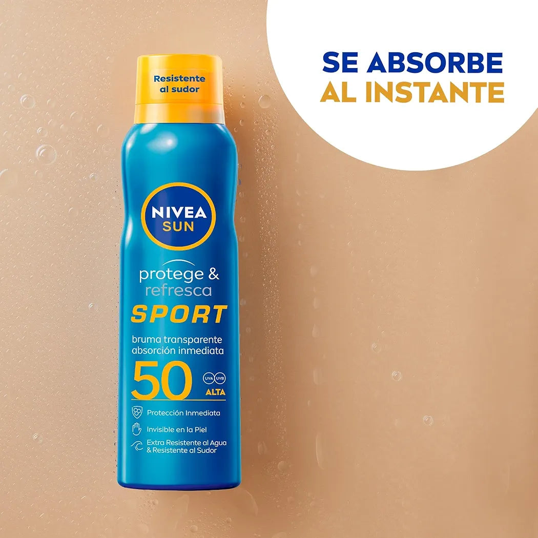 NIVEA SUN Protege & Refresca Spray Bruma Solar FP50 (1 x 200 ml), protector solar en spray transparente, bruma refrescante y resistente al agua